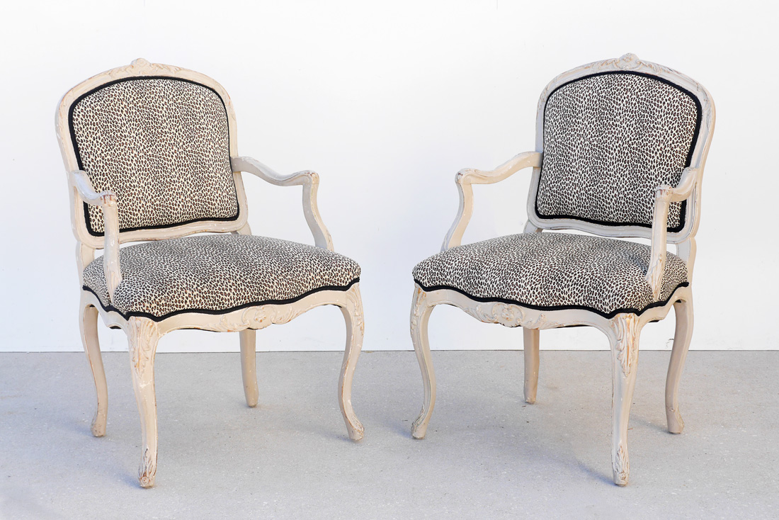 Appraisal: PAIR FRENCH FAUTEUIL ARM CHAIRS Grey painted carved frames and