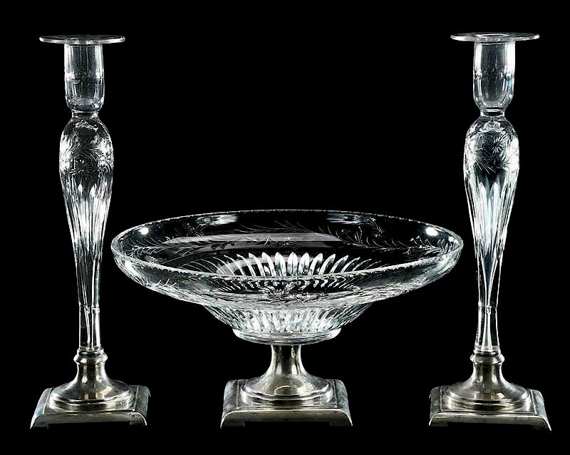 Appraisal: Three Piece Hawkes Crystal Console Set cut crystal center bowl