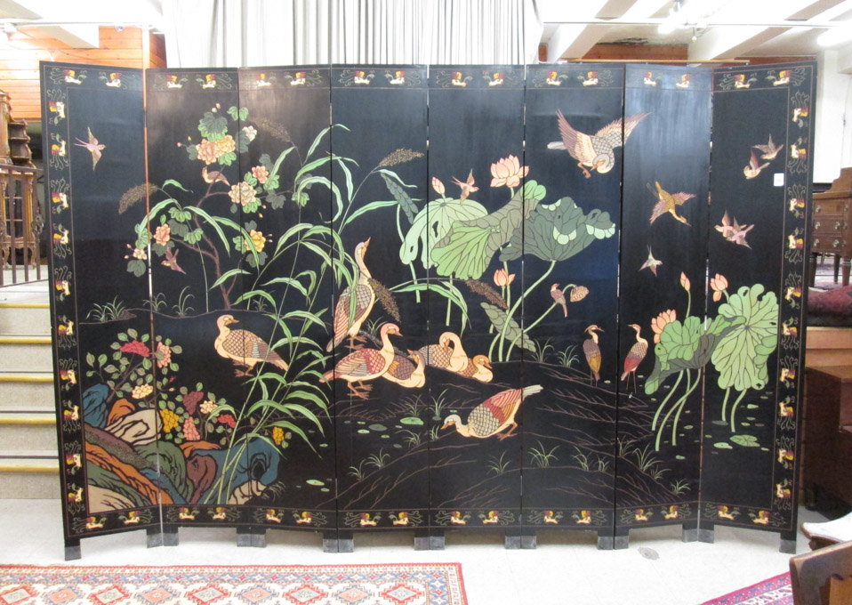 Appraisal: EIGHT PANEL COROMANDEL FLOOR SCREEN Chinese th century featuring an