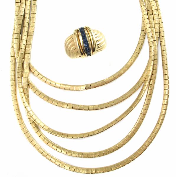 Appraisal: A k gold five strand necklace with an k gold