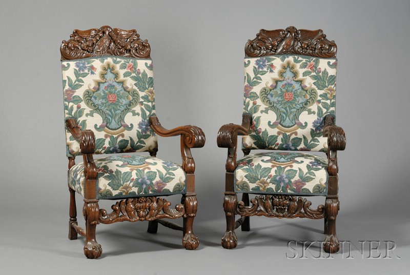 Appraisal: Pair of Continental Baroque-style Carved Oak Great Chairs each cresting