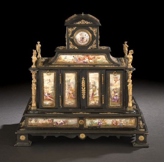 Appraisal: Sumptuous Viennese Gilt-Brass- and Enamel Plaque-Mounted Ebonized Fruitwood Jewel Casket-on-Stand