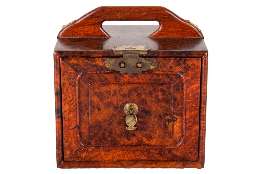 Appraisal: CHINESE HARDWOOD VANITY BOXbrass-mounted burl wood traveling medicine case or