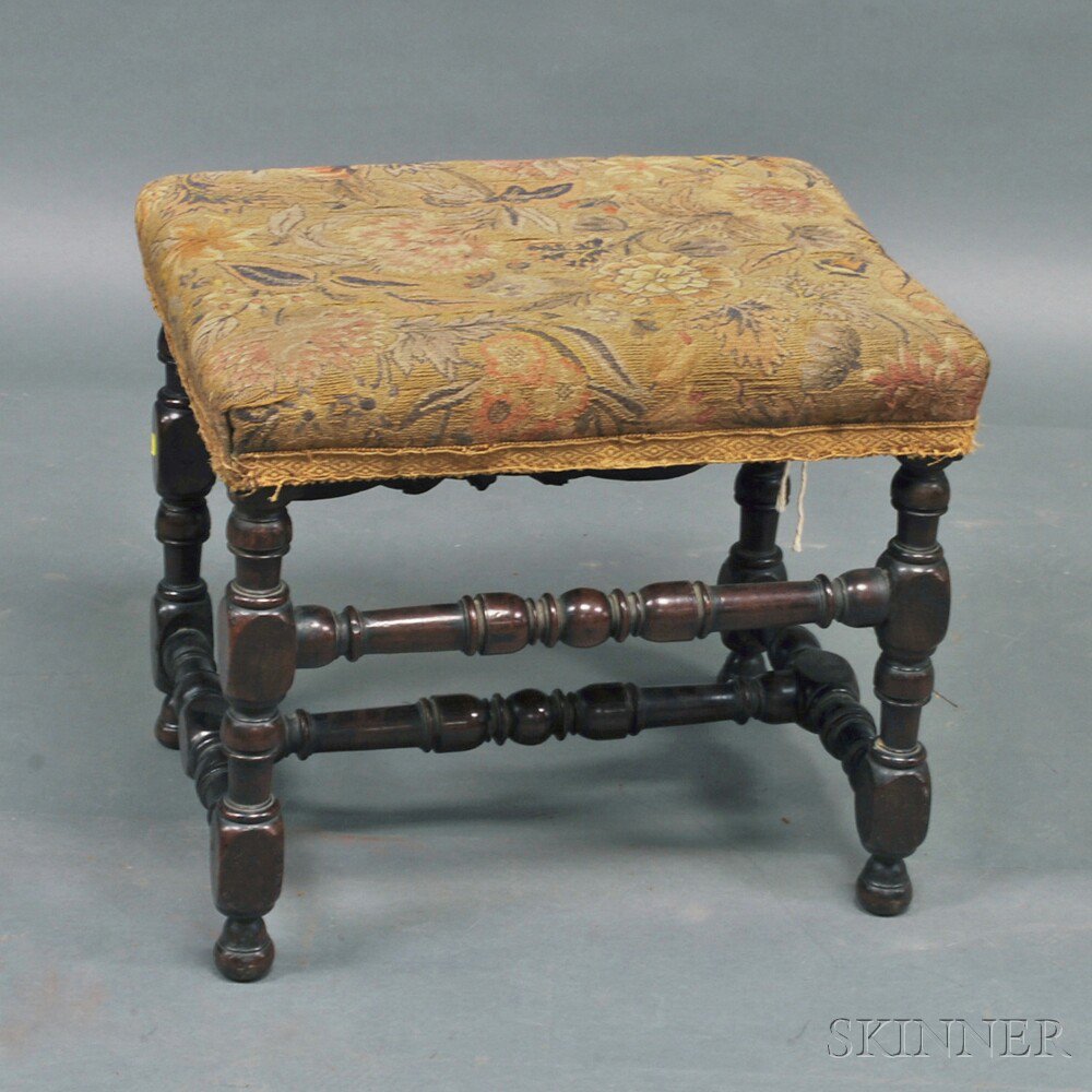 Appraisal: Jacobean-style Walnut Stool th th century with brocade upholstery block-