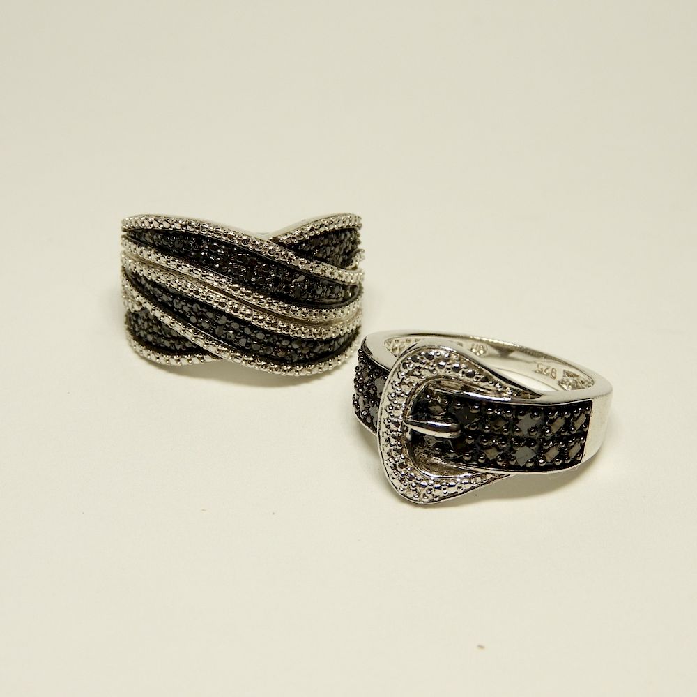 Appraisal: Two High Style Sterling Silver Black Diamond Rings th Century