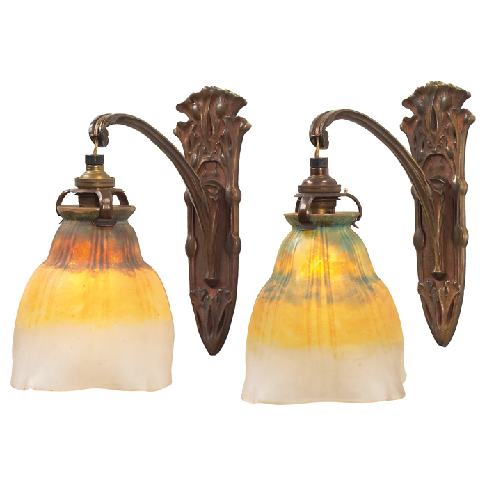 Appraisal: Daum and Majorelle sconces pair inbronze with frosted glass shades