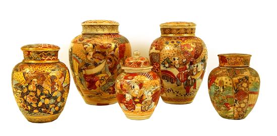 Appraisal: ASIAN five th th C Satsuma covered ginger jars of