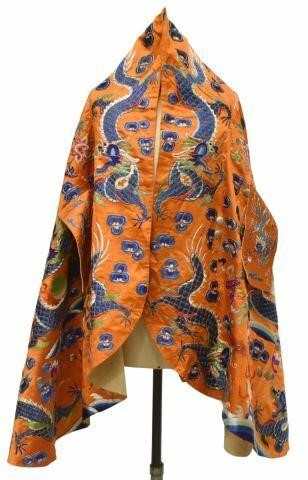 Appraisal: Chinese orange silk garment embroidered with dragons chasing flaming pearl