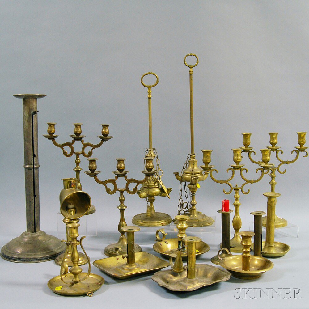 Appraisal: Sixteen Mostly Brass Pieces of Lighting two brass lucerne lamps