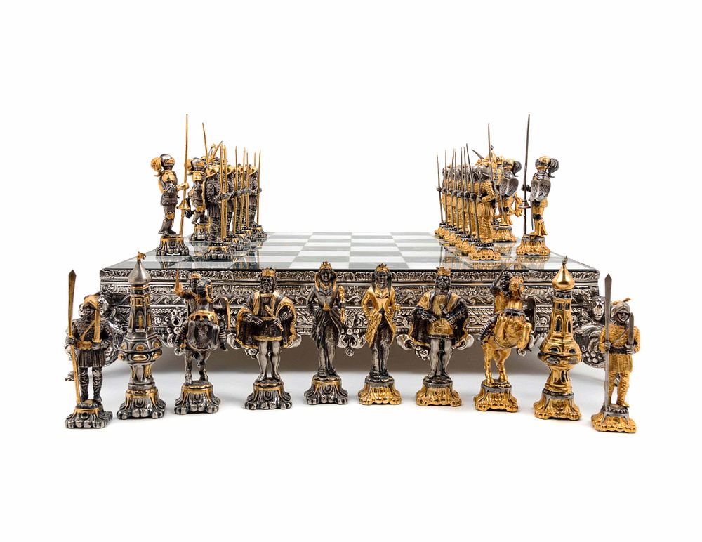 Appraisal: A Giuseppe Vasari Gilt and Silvered Bronze Medieval Chess Set