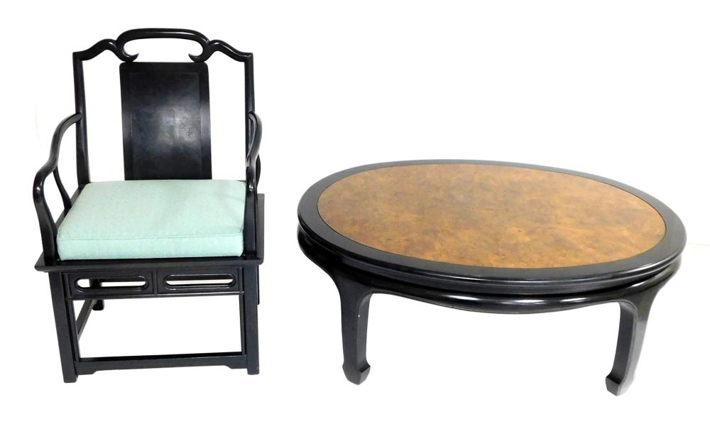 Appraisal: CHINESE STYLE OVAL COFFEE TABLE AND OPEN ARMCHAIR COFFEE TABLE