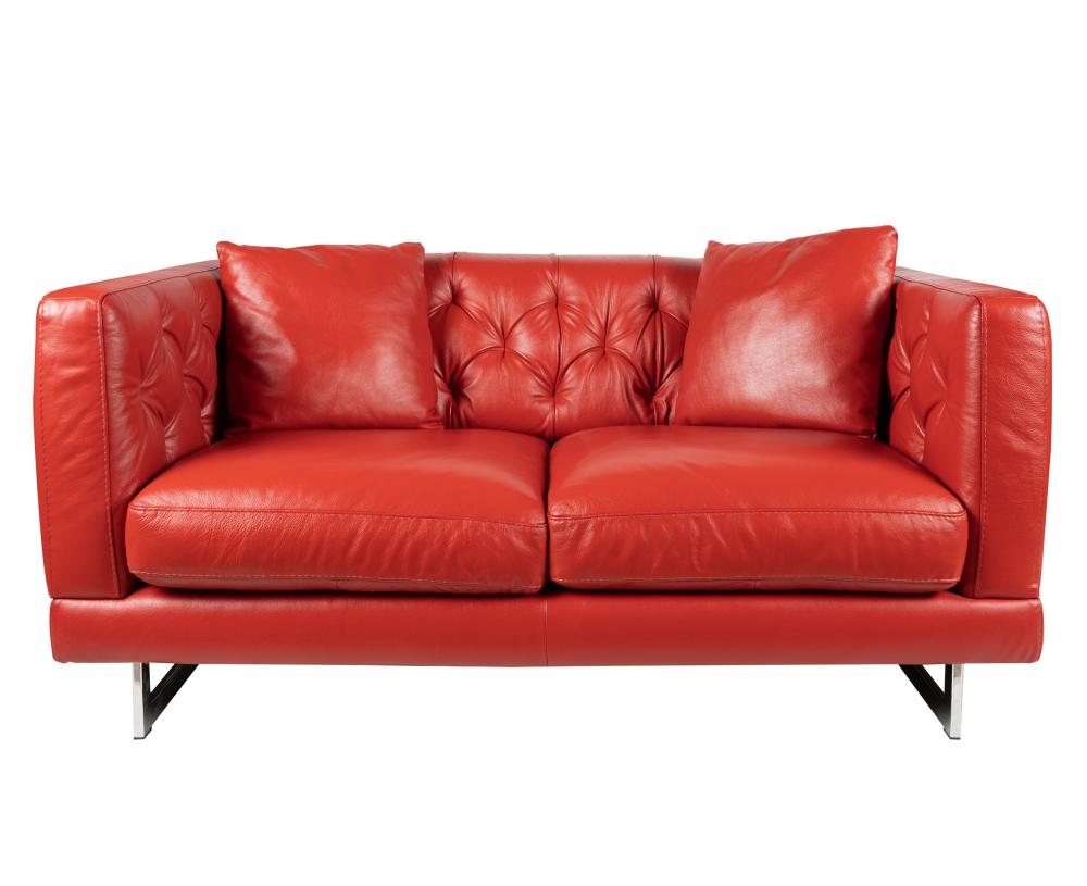 Appraisal: NATUZZI RED LEATHER CHROMED METAL LOVE SEATItalsofa woven into fabric