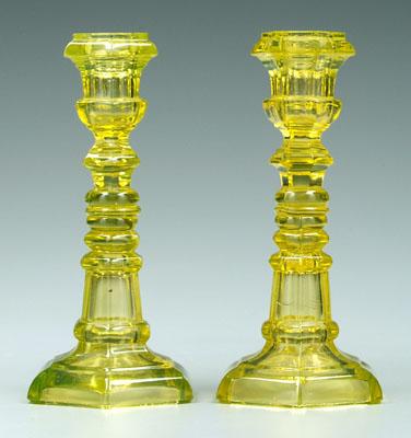 Appraisal: Pair canary yellow candlesticks probably Boston and Sandwich Glass Company