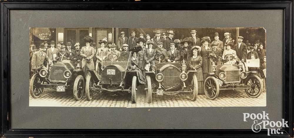 Appraisal: Large photograph of four cars Large photograph of four cars