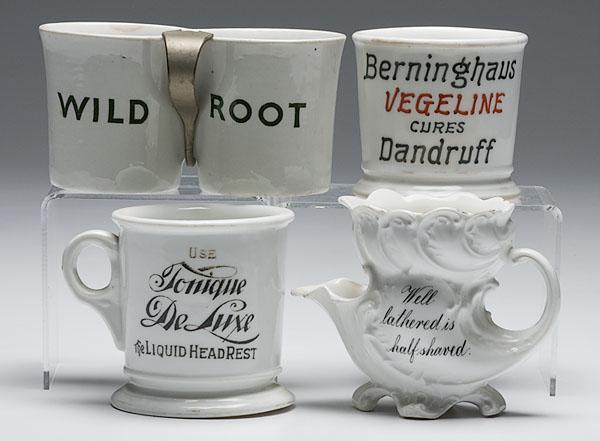 Appraisal: THREE ADVERTISING SHAVING MUGS PLUS lot of First mug is