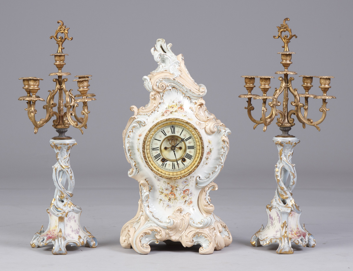 Appraisal: Ansonia Porcelain Clock with Candelabras La Grande c Good original