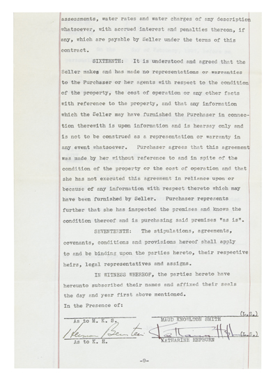 Appraisal: ENTERTAINERS HEPBURN KATHARINE Document Signed a -page typed contract of