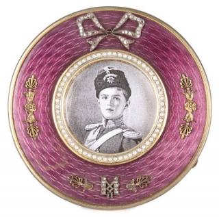 Appraisal: FABERGE STYLE PICTURE FRAME A RUSSIAN STYLE SILVER-GILT GEM PEARL