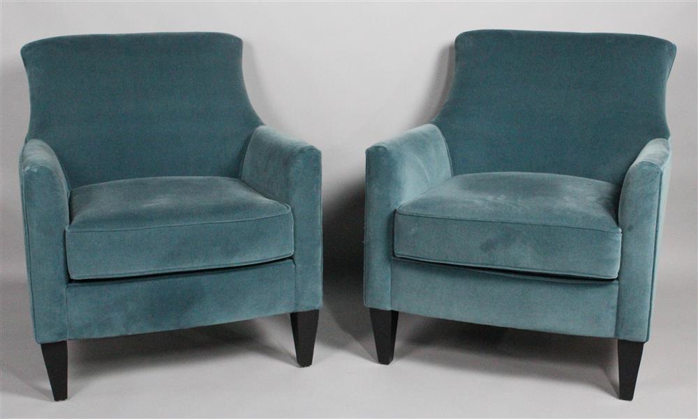 Appraisal: PAIR OF CRATE BARREL TEAL VELVET UPHOLSTERED ARM CHAIRS shaped