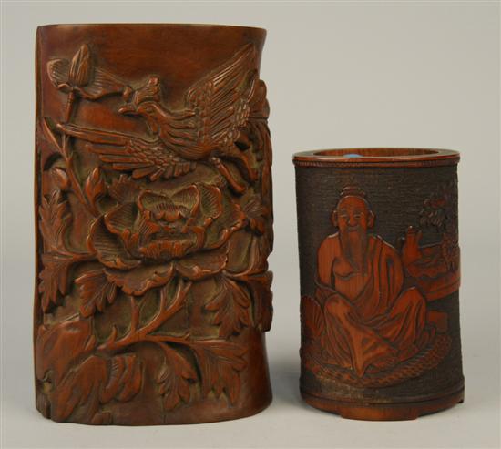 Appraisal: TWO CHINESE CARVED BAMBOO BRUSH POTS one with bird and