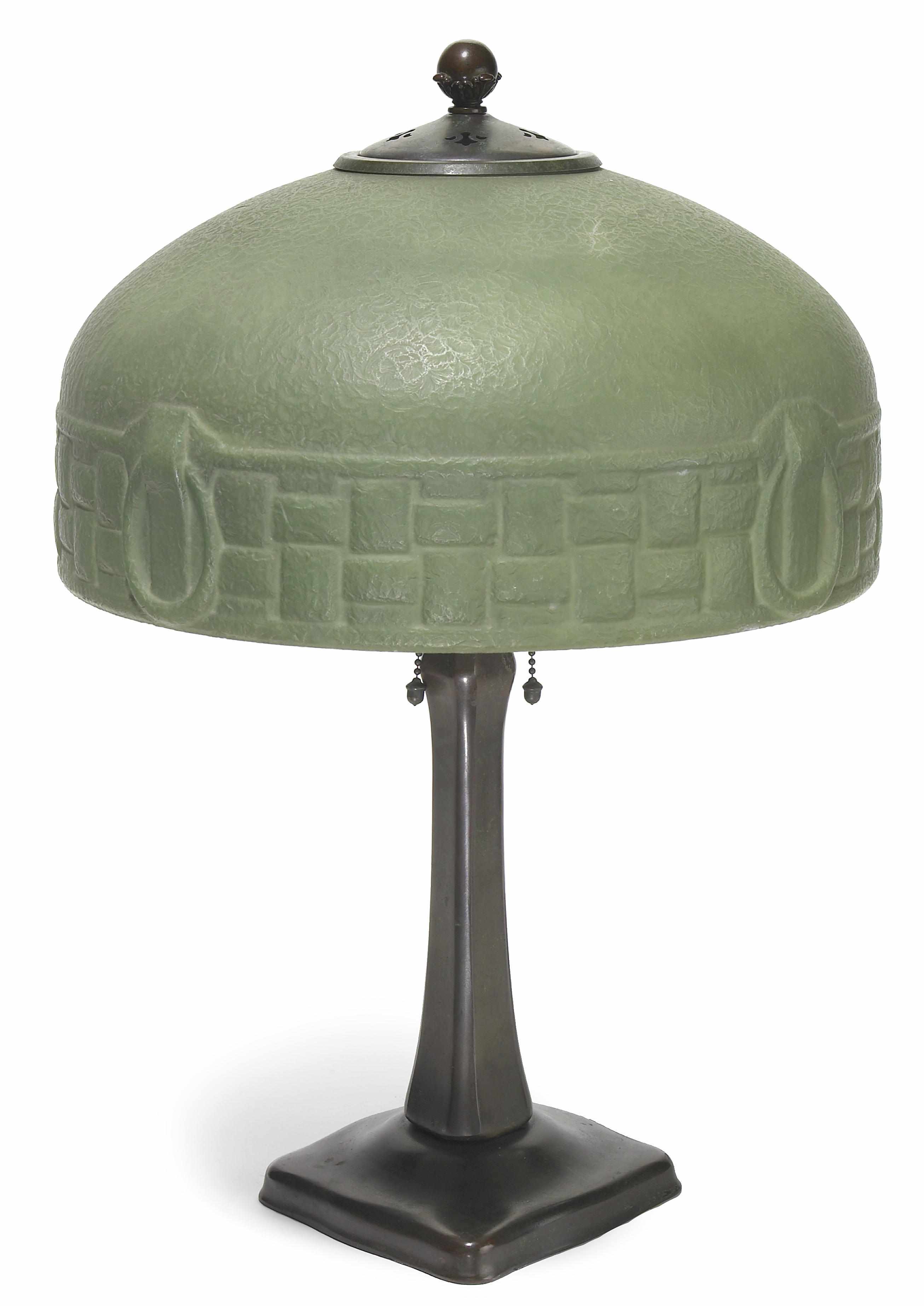 Appraisal: A Handel green painted molded glass and patinated metal lamp