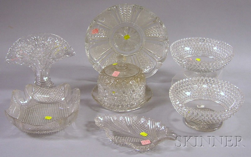 Appraisal: Seven Colorless Cut Glass Table Items a pair of footed