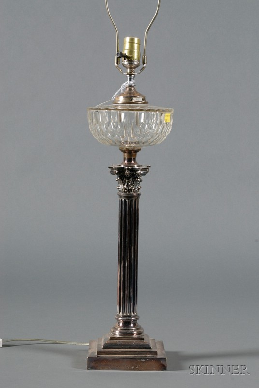 Appraisal: Silverplate and Colorless Glass Oil Lamp late th century the