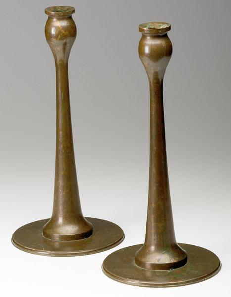 Appraisal: JARVIE Attrib Pair of tall bronze candlesticks Fine original patina