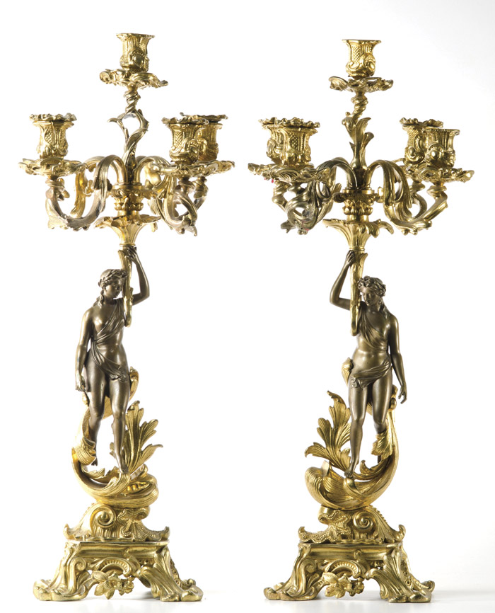 Appraisal: PAIR PARTIALLY GILT BRONZE FIGURAL CANDELABRA having gilt five light