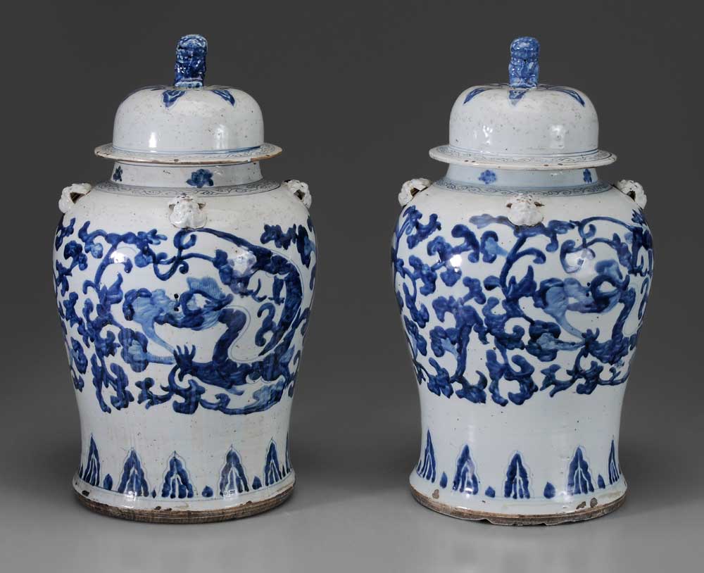 Appraisal: Two Blue and White Porcelain Jars Chinese lids with lion