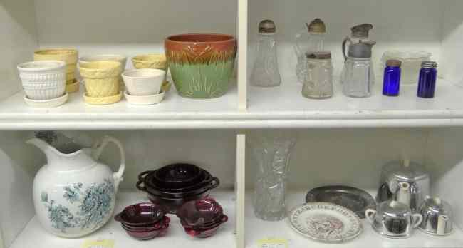 Appraisal: Misc lot including McCoy planters cranberry glass ironstone pitcher ABC