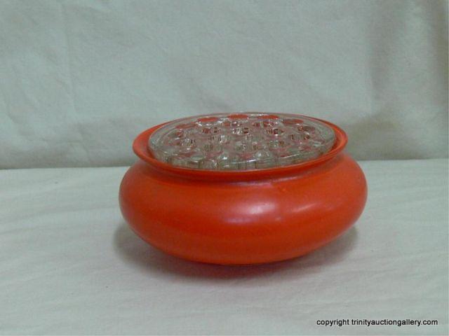 Appraisal: Vintage Glass Flower Bowl with Frog Orange flashed glass flower