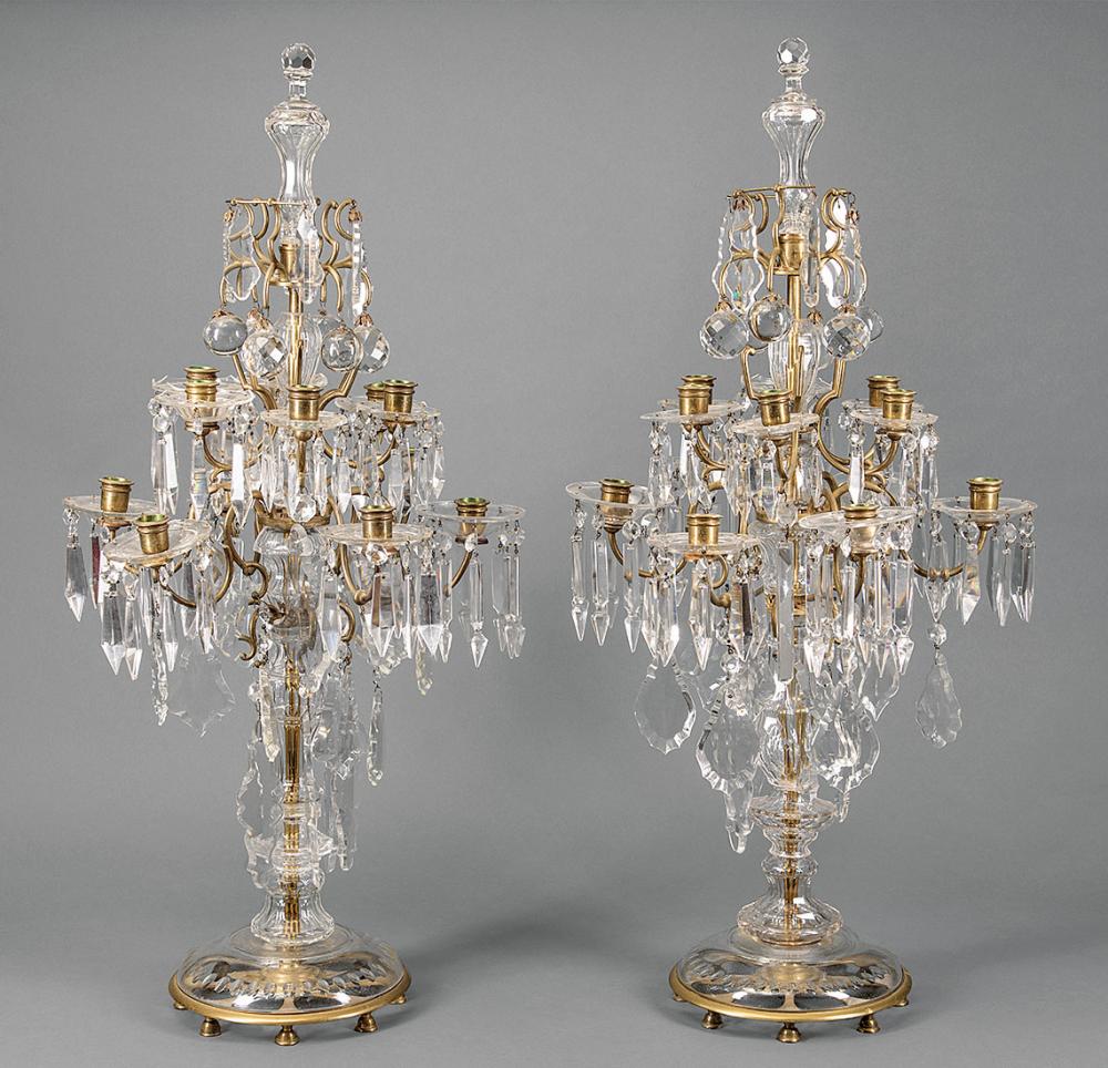 Appraisal: Pair of Crystal and Bronze Twelve-Light Girandole Candelabra Note One