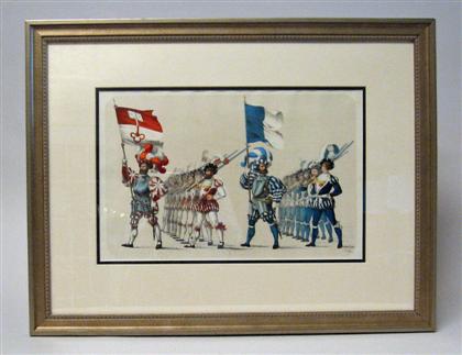 Appraisal: Five framed color lithographs of Swiss town parades h jenny