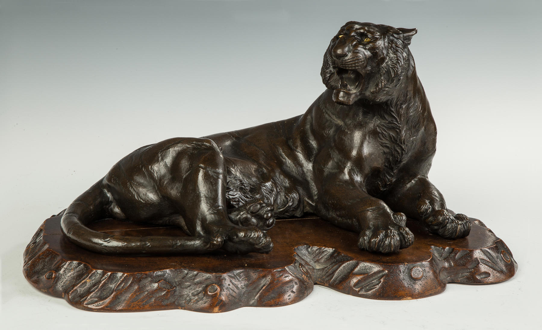 Appraisal: Japanese Signed Bronze Tiger on a Wood Base C