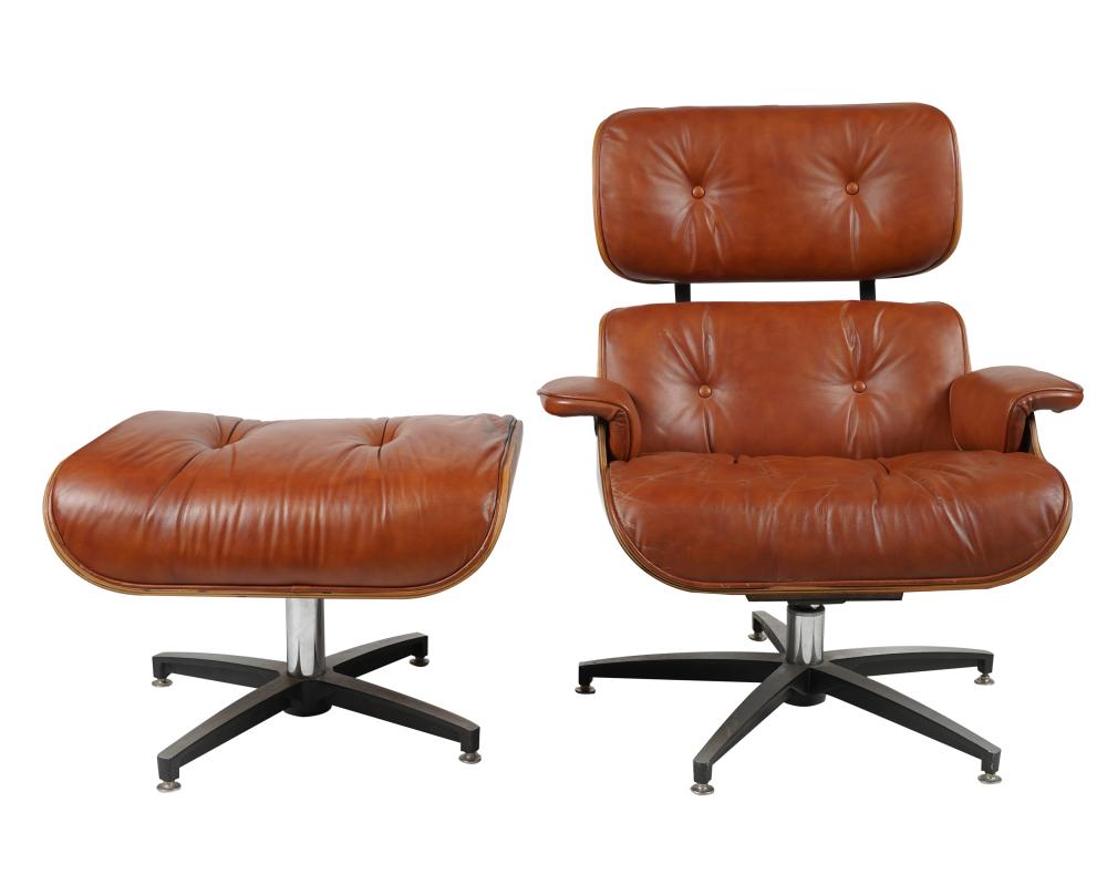 Appraisal: EAMES-STYLE LOUNGE CHAIR OTTOMANunsigned rosewood-veneer plywood metal and reddish-brown leather