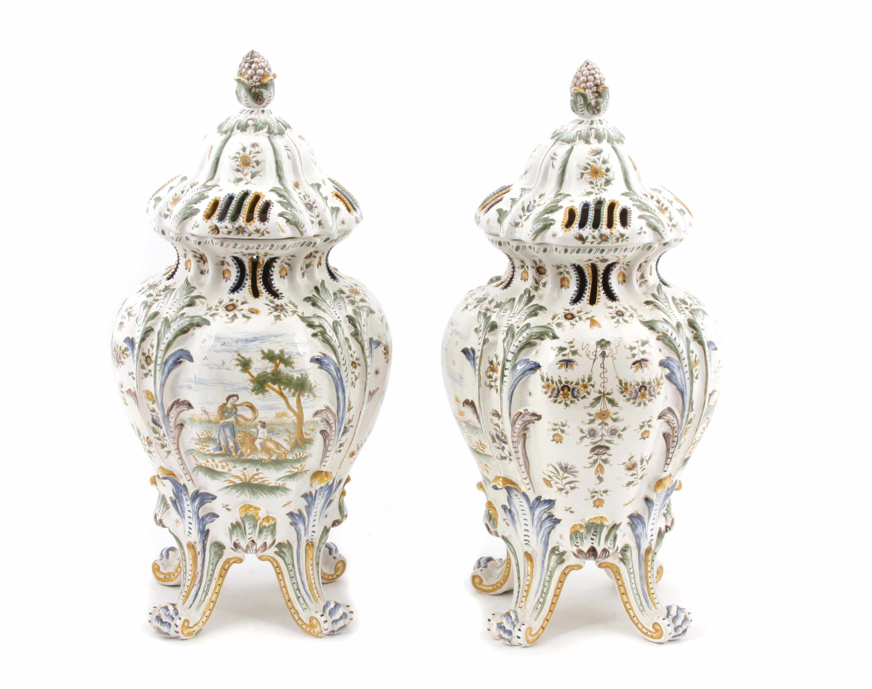 Appraisal: A pair of Italian maiolica style potpourri urns height in