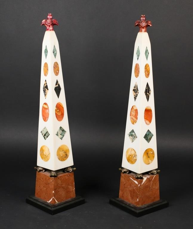 Appraisal: Pair of continental marble obelisks Colored marble insets four turtle