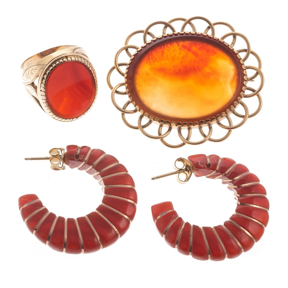 Appraisal: A Collection of Carnelian Jewelry K yellow gold brooch with