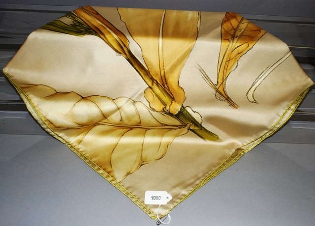 Appraisal: Tiffany Co tan green botanical leaf silk scarf Approx size