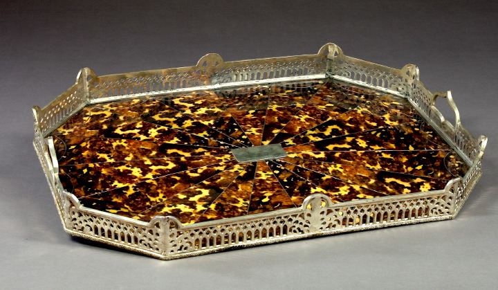 Appraisal: Large Octagonal English Silverplate and Faux-Tortoiseshell Galleried Waiter in the