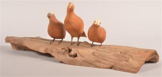 Appraisal: Vintage Folk Carving of Three Partridges on a Log -