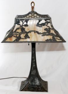 Appraisal: SLAG GLASS AND SPELTER TABLE LAMP SLAG GLASS AND SPELTER