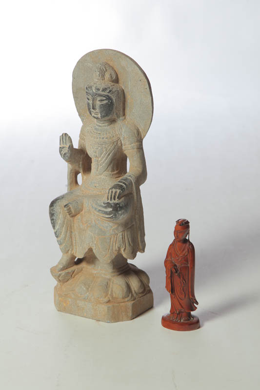 Appraisal: TWO FIGURES Asian th century Carved wooden robed scholar Missing