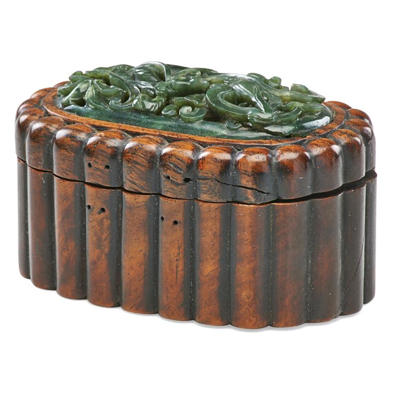 Appraisal: CHINESE SPINACH JADE AND HARDWOOD BOX Condition Report