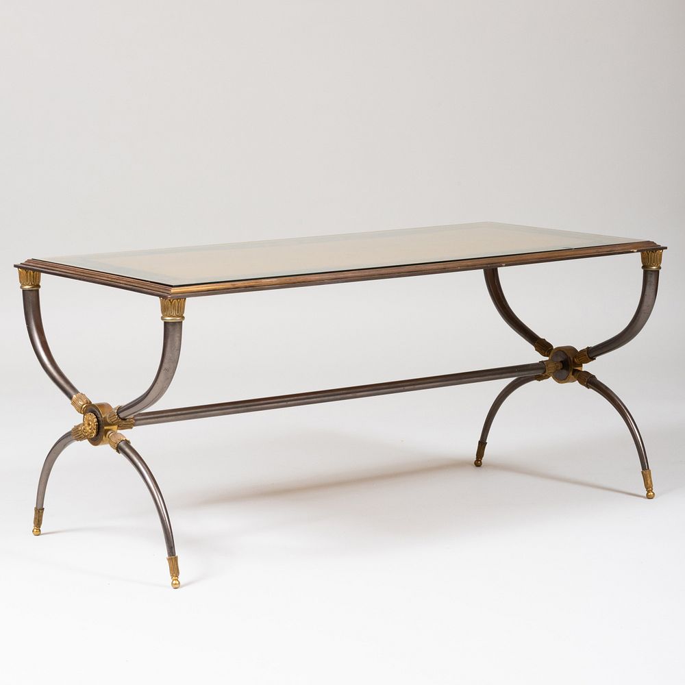 Appraisal: Directoire Style Gilt-Metal-Mounted Steel and Verre glomis Low Table Modern