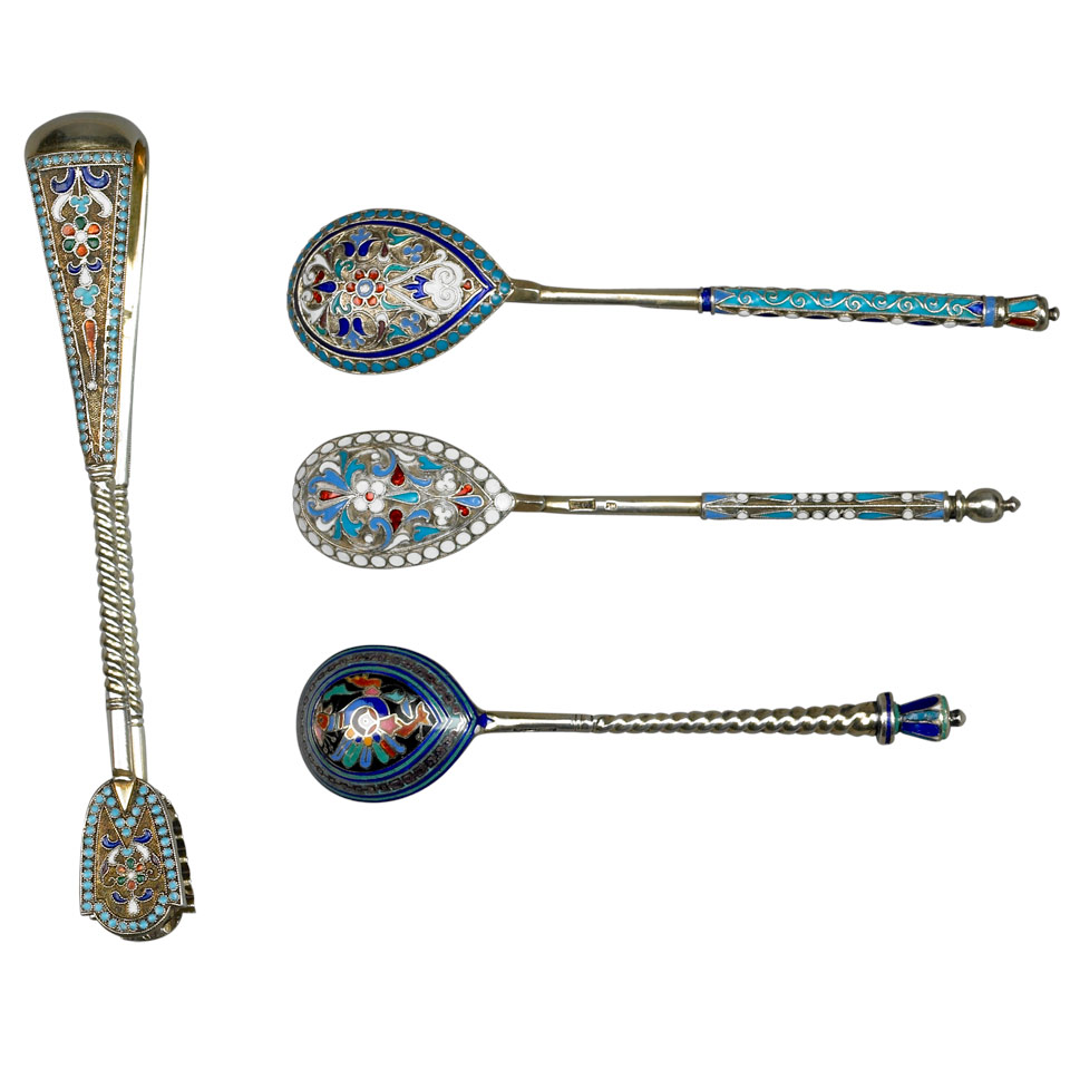 Appraisal: Russian Silver and Cloisonn Enamel Sugar Tongs and Three Spoons