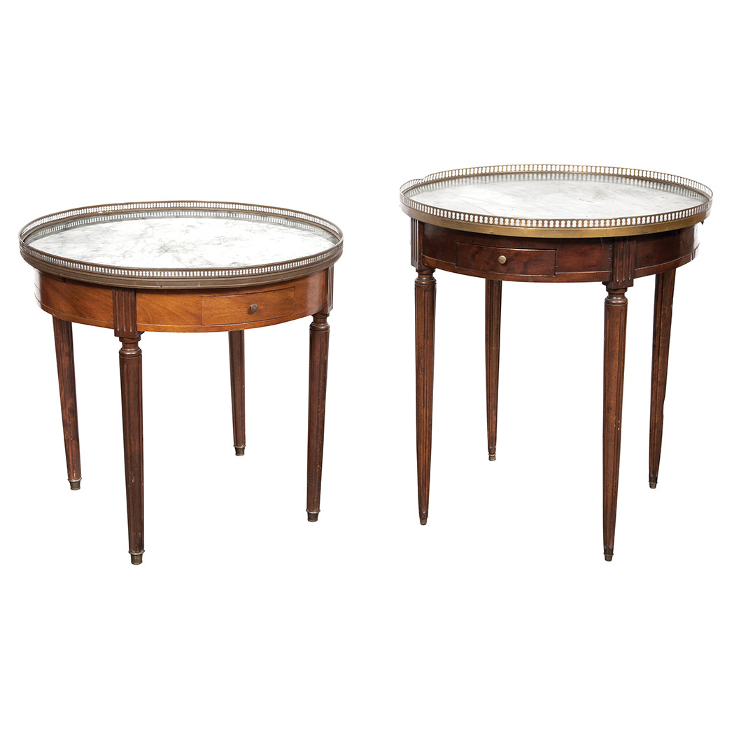 Appraisal: Two Directoire Style Mahogany Stained Bouillotte Tables Each white marble