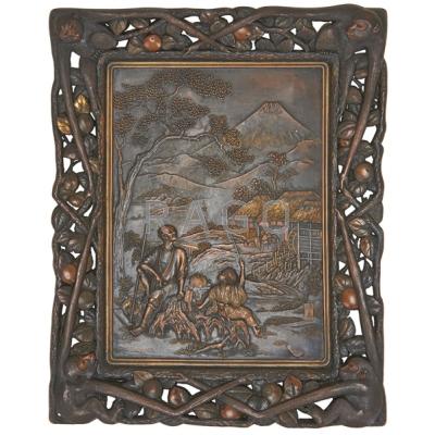 Appraisal: JAPANESE MIXED METAL PLAQUE Town scene with Mt Fuji in