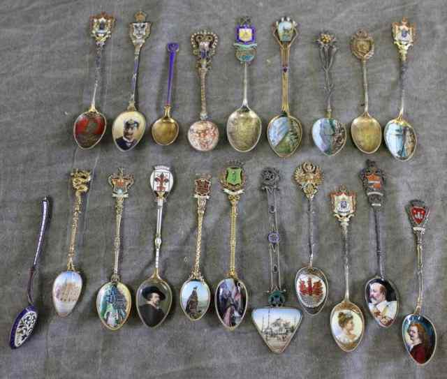 Appraisal: Group of Antique Enamel Decorated SouvenirSpoons Includes portraits cities views